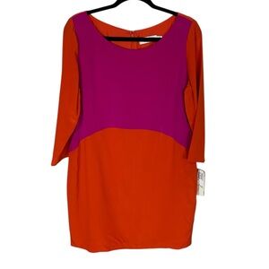 Womens Eliza J Royal Collection Orange Pink Silk 3/4 Sleeve Knee Length Dress 14
